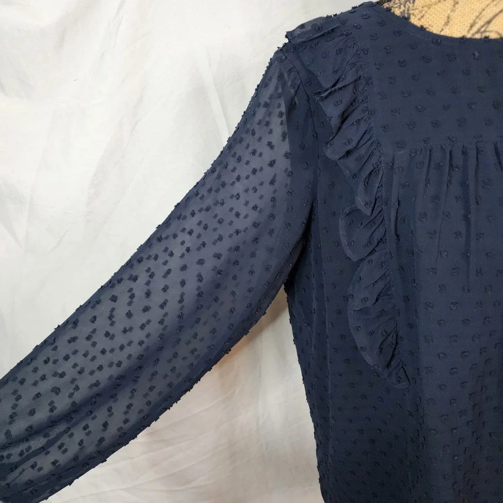 J.CREW Size 12 Navy Blue French Dot Pleated Ruffle Sheer Sleeve Keyhole Blouse‎